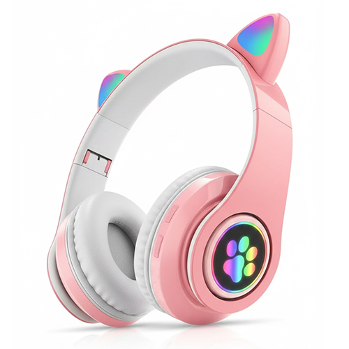 Fone Gatinho Bluetooth Rosa Luz Colorida